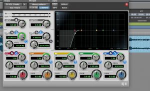 The Pro Tools EQ being utilised as a high pass filter. A simple solution for podcasts